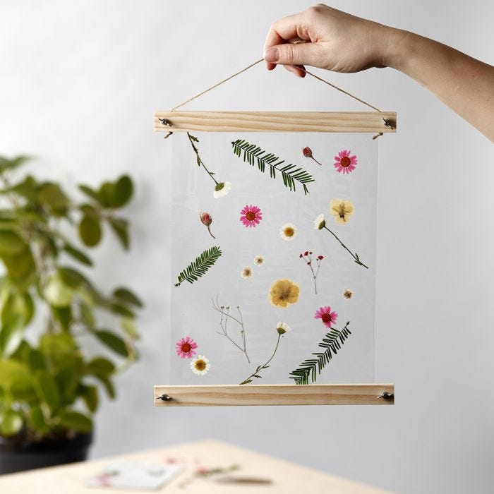 A hanging Decoration with laminated, dried Flowers in Poster Hangers