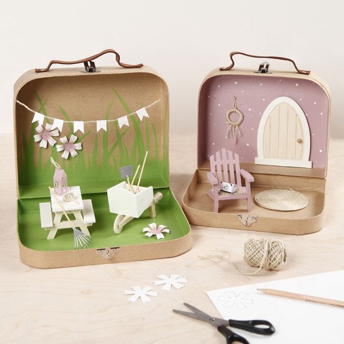 Small Suitcases transformed into a Garden World with Paint, miniature Furniture and Accessories