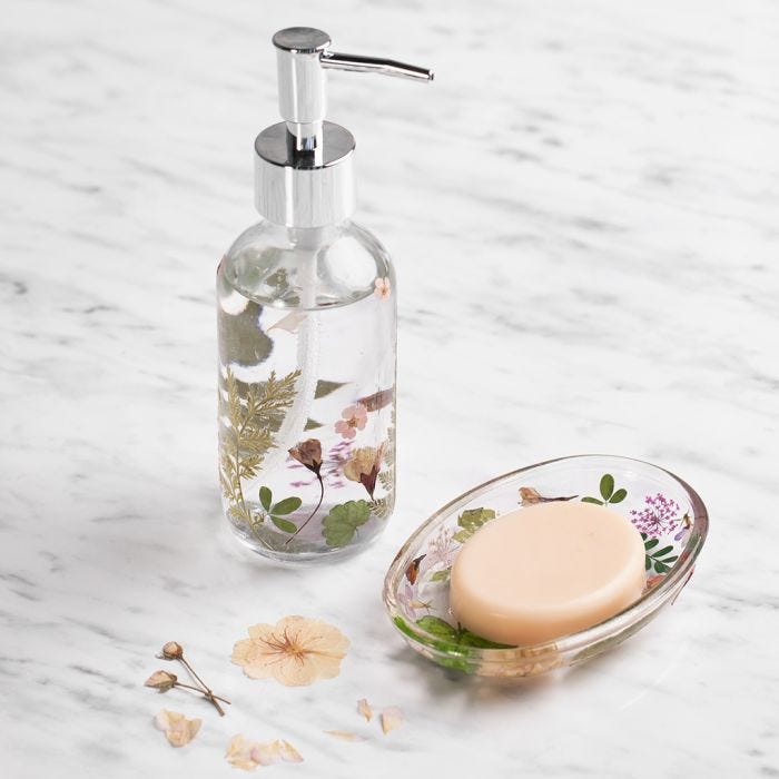 Decorate a soap dish and soap dispenser with pressed flowers