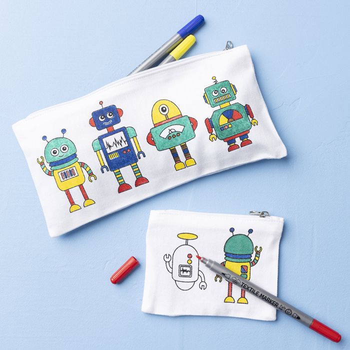 Robot pencil case and coin purse decorated with textile markers