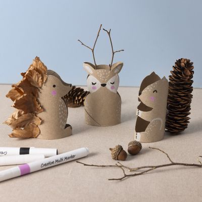Forest animals made from cardboard tubes and natural materials