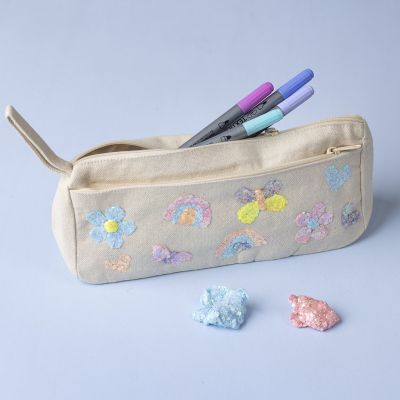 Pencil case decorated with glitter clay
