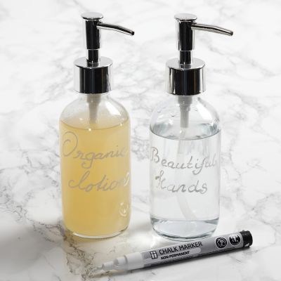 A soap dispenser decorated with a Chalk Markers