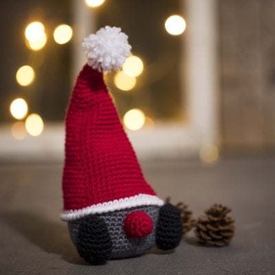 Crocheted elf with large hat in acrylic yarn