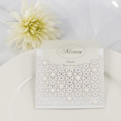 A Wedding Menu Card inside a Pocket made from Card & Lace patterned Card decorated with Half-Pearls