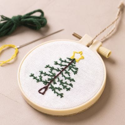 Embroidery frame with embroidered Christmas tree