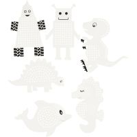 Embroidery card, animals/robots, H: 8-13 cm, white, 6x3 pc/ 1 pack