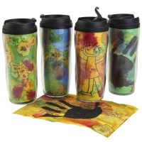 Personalised insulated mugs with colourful decorations