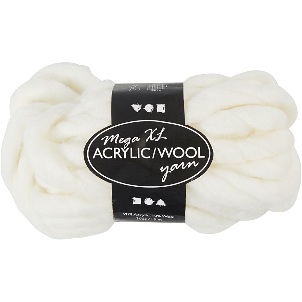 Chunky yarn of acrylic/wool, L: 15 m, size mega , off-white, 300 g/ 1 ball