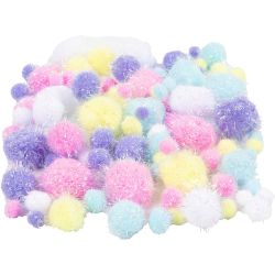 Pompoms, dia. 15-40 mm, glitter, ca. 75 pc, pastel colours, 62 g/ 1 pack
