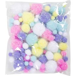 Pompoms, dia. 15-40 mm, glitter, ca. 75 pc, pastel colours, 62 g/ 1 pack