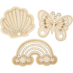 Wooden Shape with Holes, Rainbow, shell, butterfly, size 7,5-13 cm, 6 pc/ 1 pack