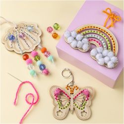 Wooden Shape with Holes, Rainbow, shell, butterfly, size 7,5-13 cm, 6 pc/ 1 pack