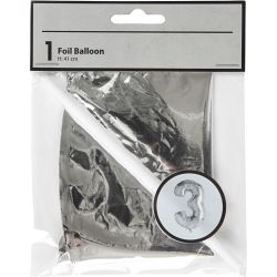 Foil Balloon, 3, H: 41 cm, silver, 1 pc