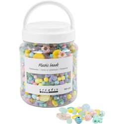 Plastic beads, dia. 5-35 mm, hole size 1-8 mm, ca. 900 pc, assorted colours, 700 ml/ 1 tub