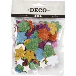 Foam Shapes, Stars, flowers and hearts, dia. 19+29 mm, 100 asstd./ 1 pack