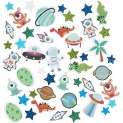 Foam Stickers, Star, UFO, dinosaur, self-adhesive, size 13-40 mm, blue/grey harmony, 150 pc/ 1 pack