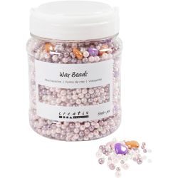 Wax Beads, hole size 1,3-2,5 mm, ca. 5500 pc, pastel orange, soft rose, light lilac, mother-of-pearl, 425 g, 700 ml/ 1 tub