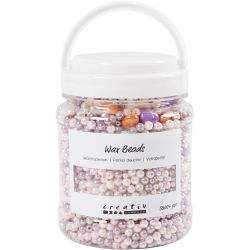 Wax Beads, hole size 1,3-2,5 mm, ca. 5500 pc, pastel orange, soft rose, light lilac, mother-of-pearl, 425 g, 700 ml/ 1 tub